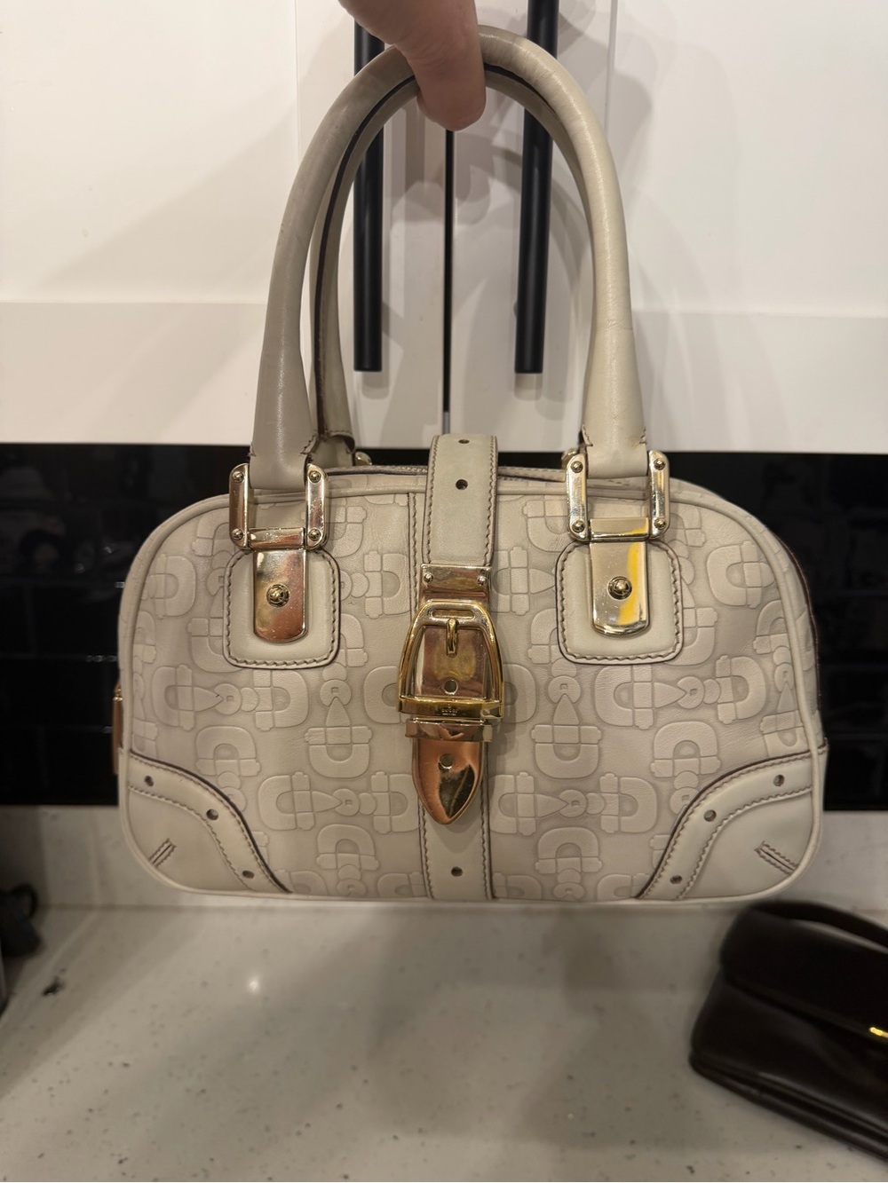 Gucci Cream Embossed Satchel Handbag with Gold Buckle
